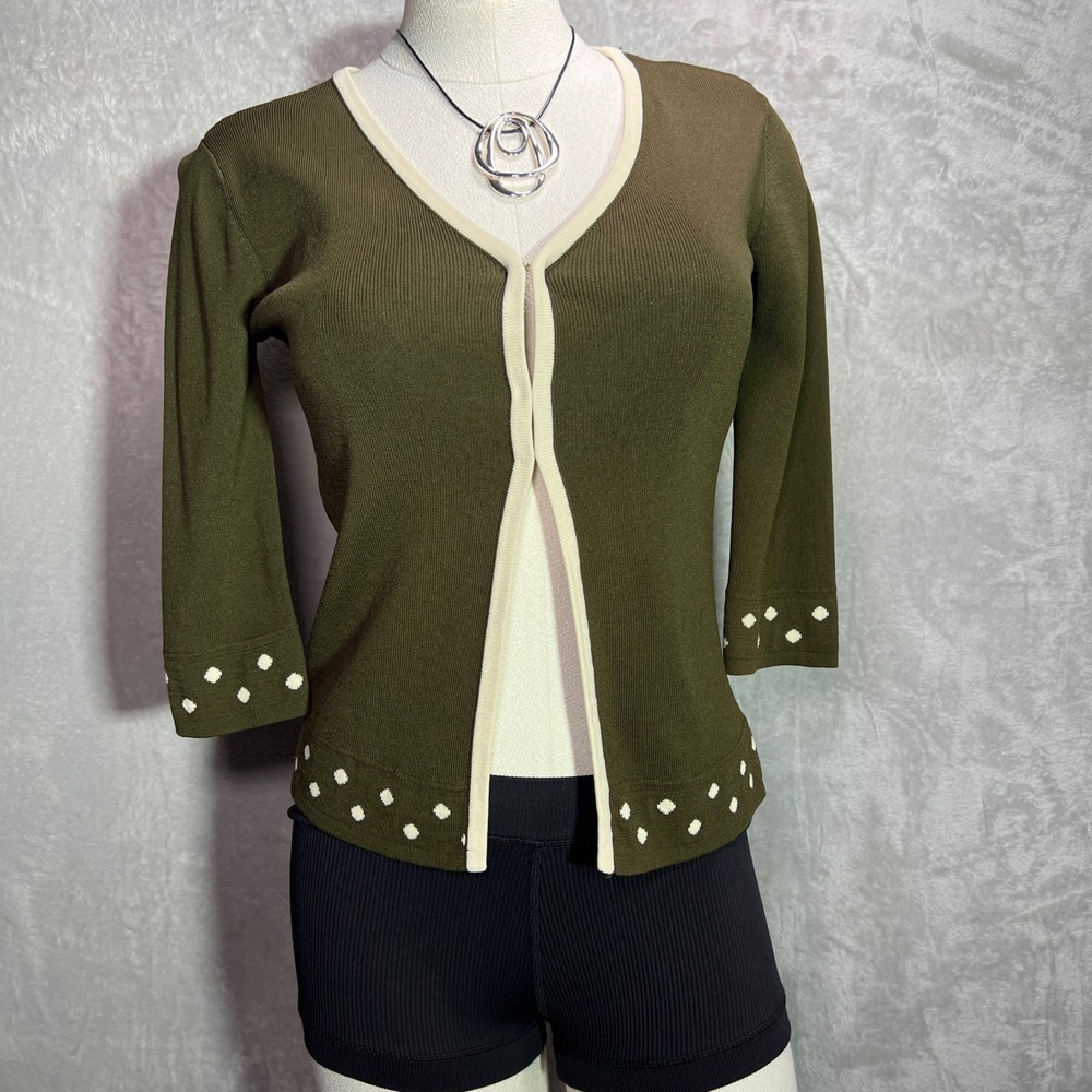 Y2K Womens open front Knit Cardigan Olive Green Size‎ S/M Bratz 3/4 Sleeve